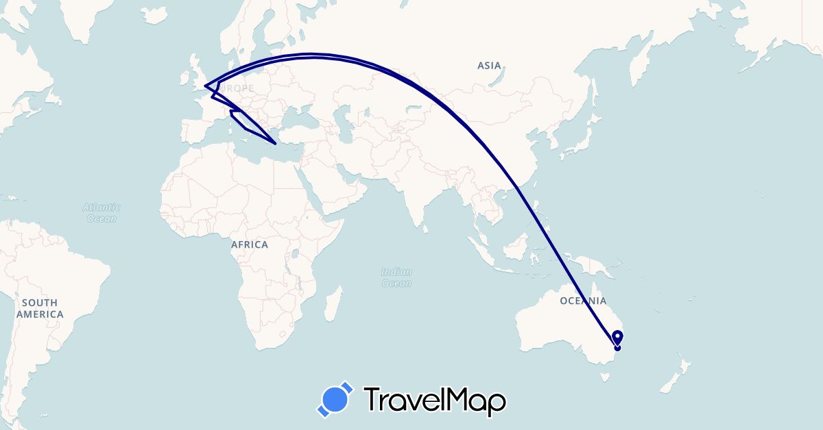 TravelMap itinerary: driving in Australia, Belgium, France, United Kingdom, Greece, Hong Kong, Italy, Netherlands (Asia, Europe, Oceania)